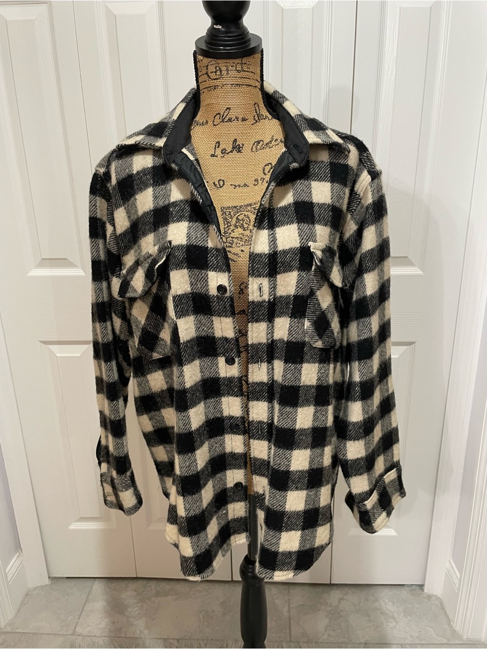 Melton Outer-Wear Wool Black & Cream Plaid Women's Shacket Jacket